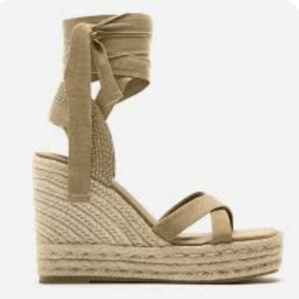 NWOT Zara Tan Wrap-around/Ballet-inspired Espadrille Wedge Sandals (EU 38/US 8)